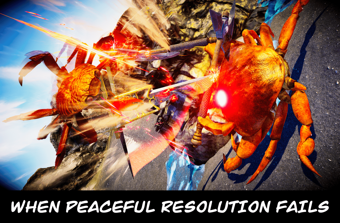 Two crabs battling with "When peaceful resolution fails" text.